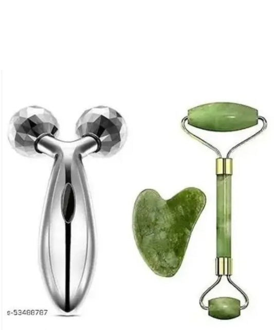 3D Face Roller, Jade Roller, and Gua Sha Stone Combo Set
